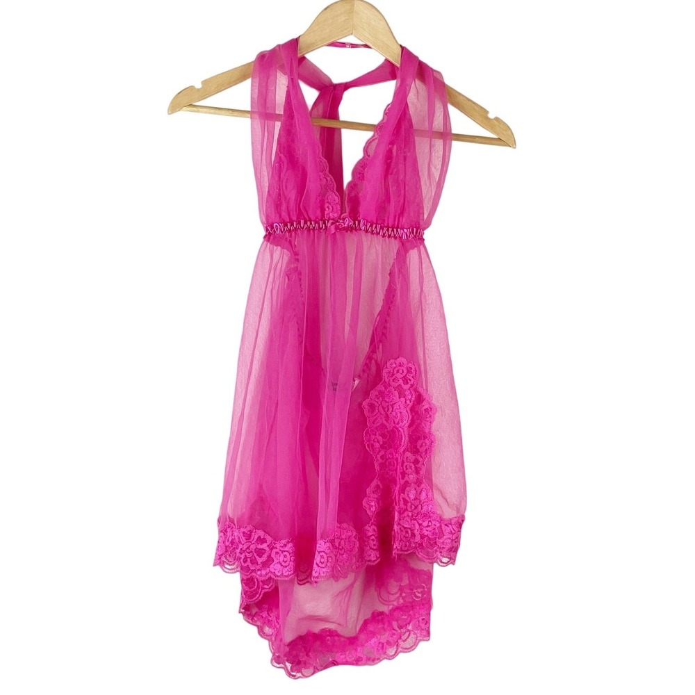 Frederick's of Hollywood NEW Barbie Pink Nighty w Thong Size Large Sheer Halter